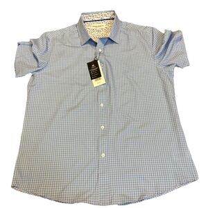 Men's Button Up Shirt, Thomas Sterling Short Sleeve Large Small Panes Blue